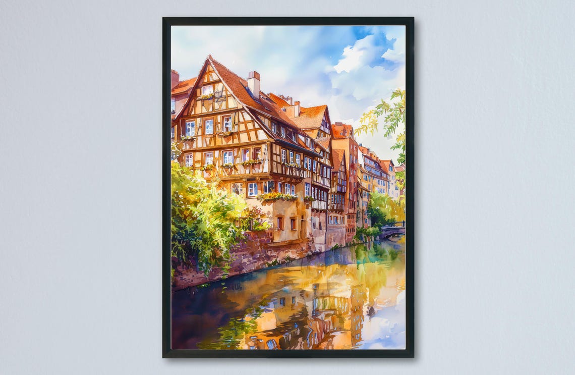 Half Timbered Houses Riverside Charming Germany Watercolor Poster