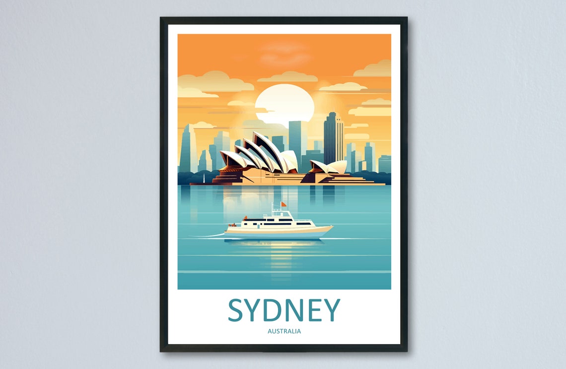 Sydney Opera House Sunset Harbour Vintage Retro Travel Poster