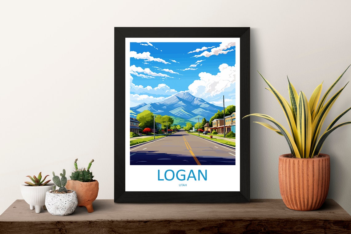 Logan Utah Sunny Main Street Mountain View Illustrated Travel Poster - Image 3