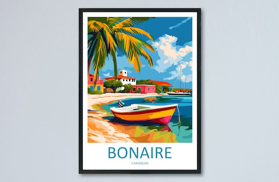 Bonaire Caribbean Sailboat Beach Palm Retro Illustration Poster