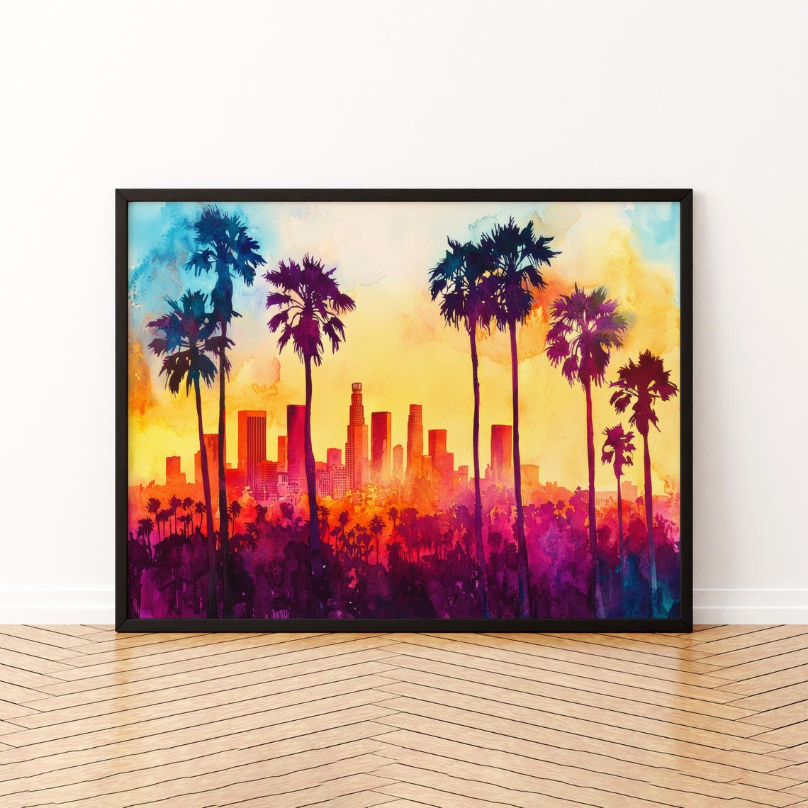 Los Angeles Skyline Palm Trees Fiery Sunset Watercolor Poster