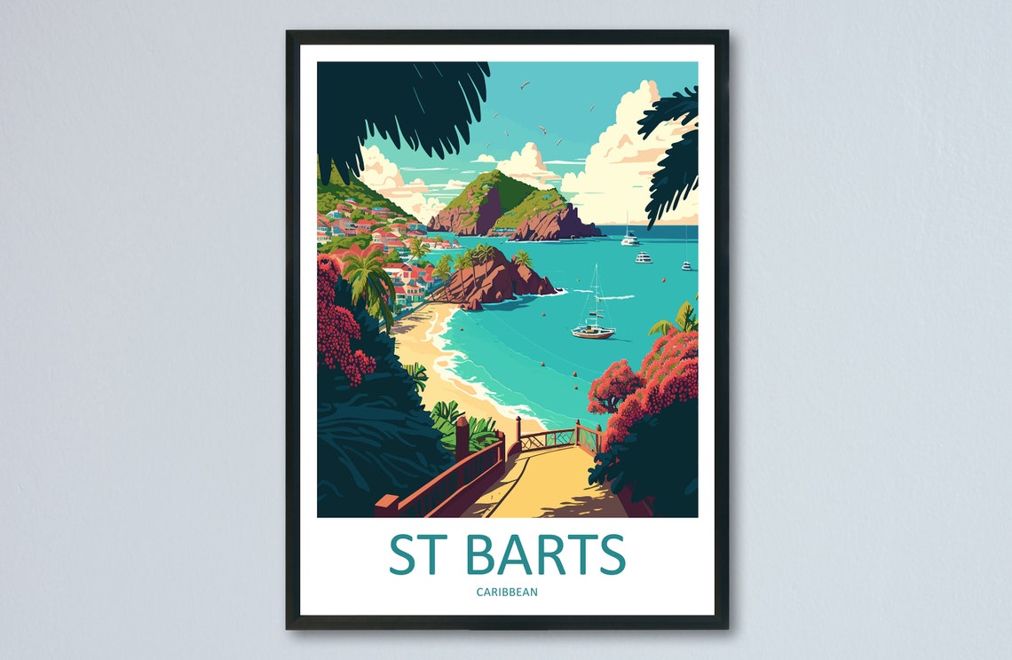 St Barts Caribbean Beach Sailboats Hillside Town View Poster