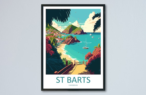 St Barts Caribbean Beach Sailboats Hillside Town View Poster