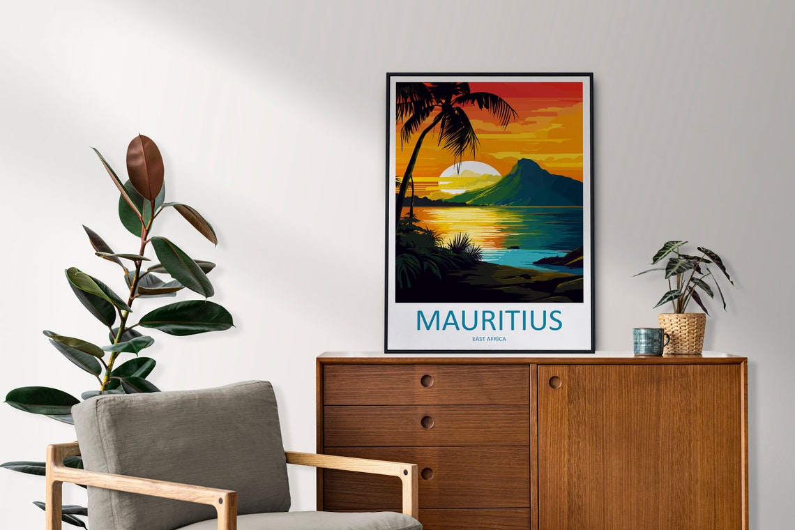 Mauritius Sunset Palm Silhouette Ocean Island Glow View Poster - Image 2