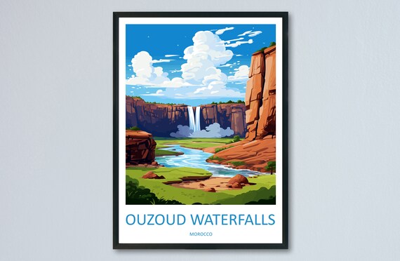 Ouzoud Waterfalls Morocco Red Rock Gorge Vintage Travel Poster
