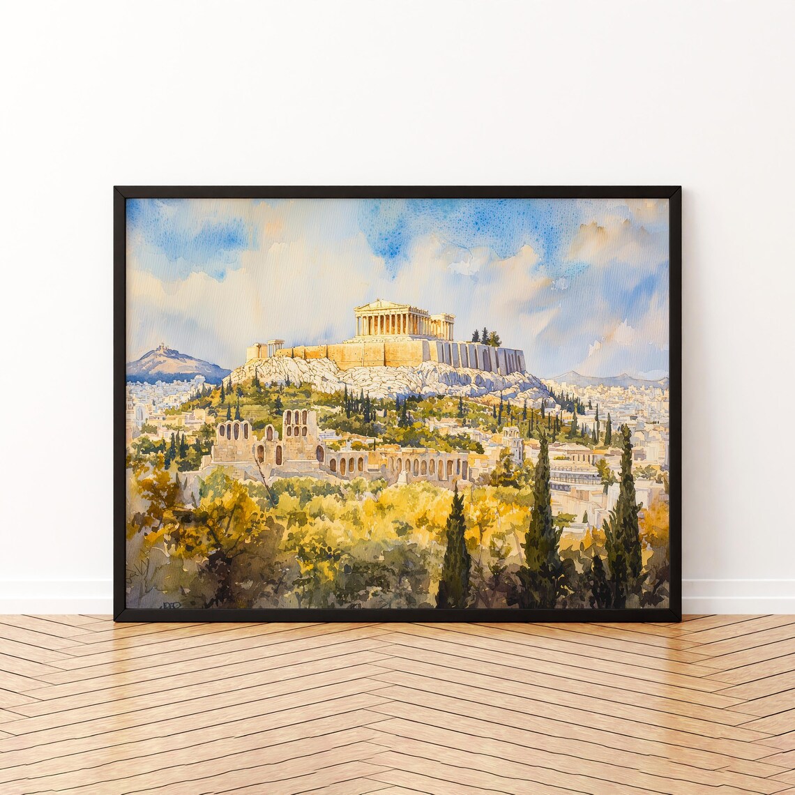 Athens Watercolor Travel Poster, Greece Landscape