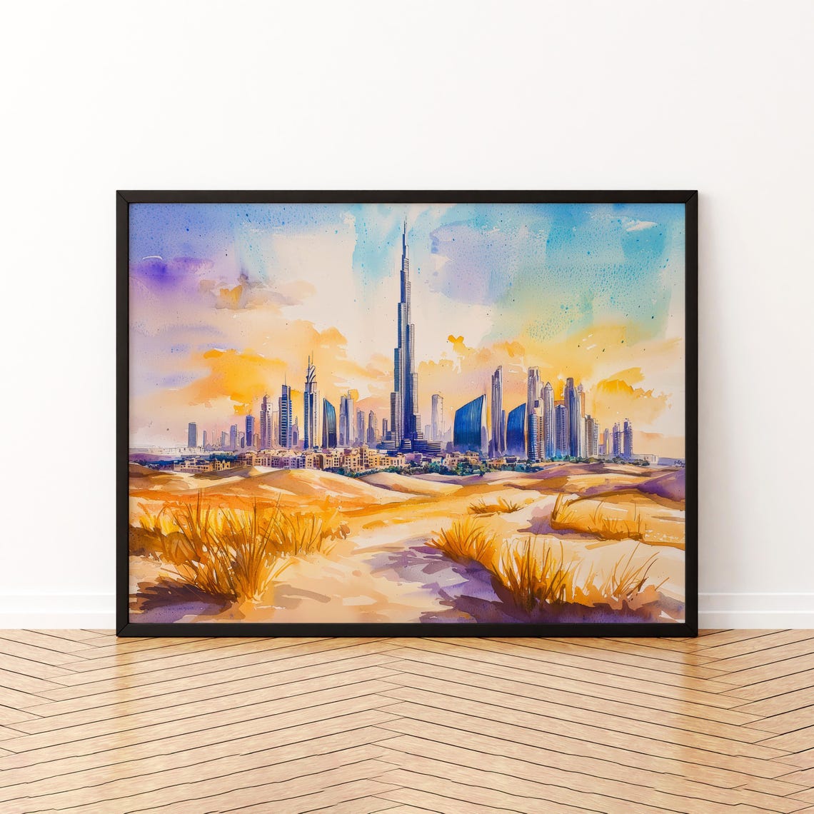 Dubai Burj Khalifa Desert Dunes Sunset Watercolor City Skyline Poster