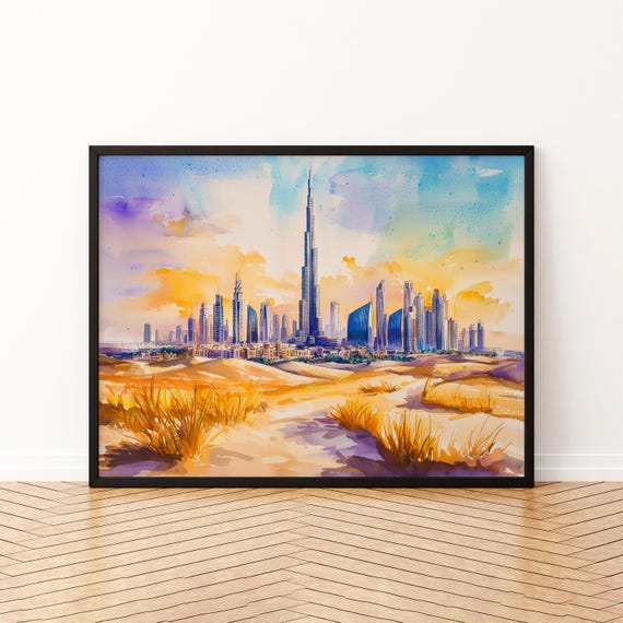 Dubai Watercolor Poster Landscape Wall Art Hanging Home Dcor Gift Lovers United Arab Emirates