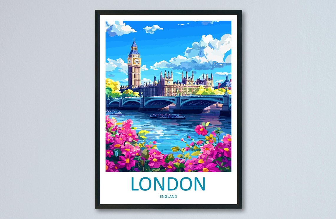 London Big Ben Westminster Bridge Thames Pink Flowers England Travel Poster