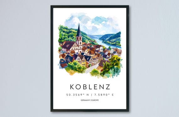 Koblenz Watercolor Travel Poster, Deutsches Eck