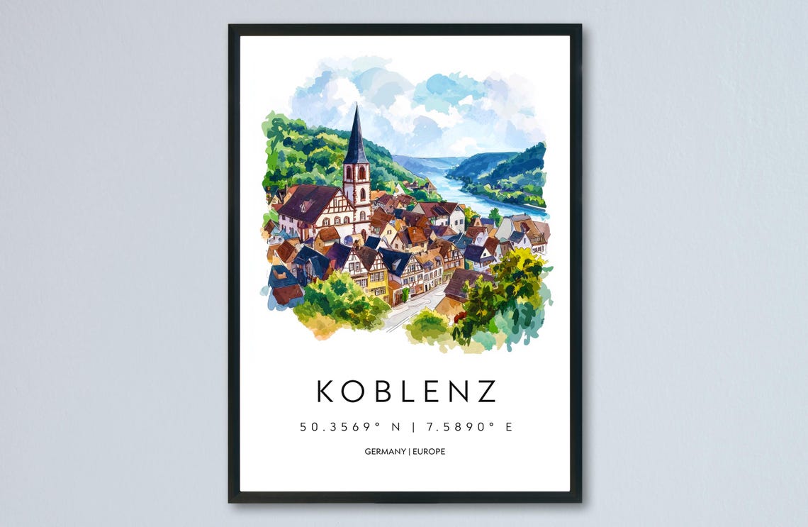 Koblenz Watercolor Travel Poster, Deutsches Eck