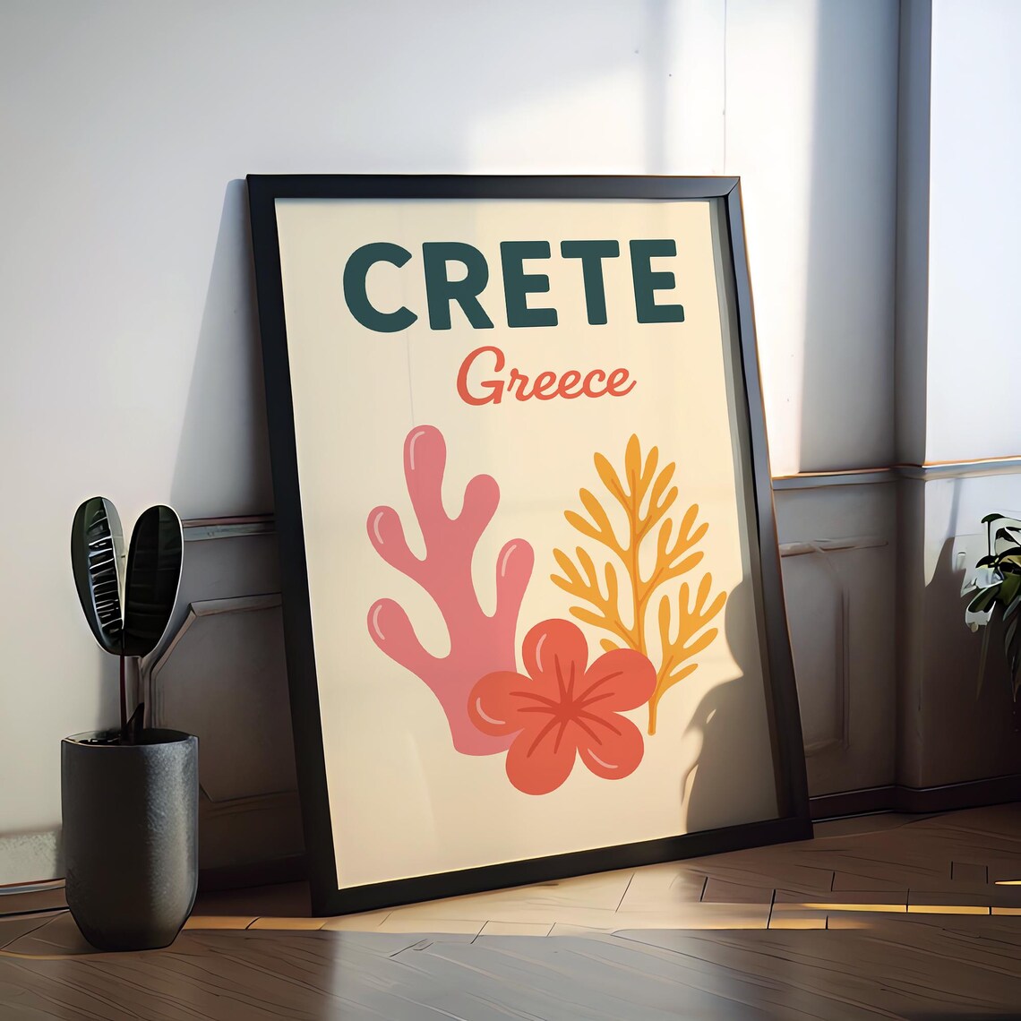 Crete Greece Bold Coral and Hibiscus Flower Preppy Travel Poster