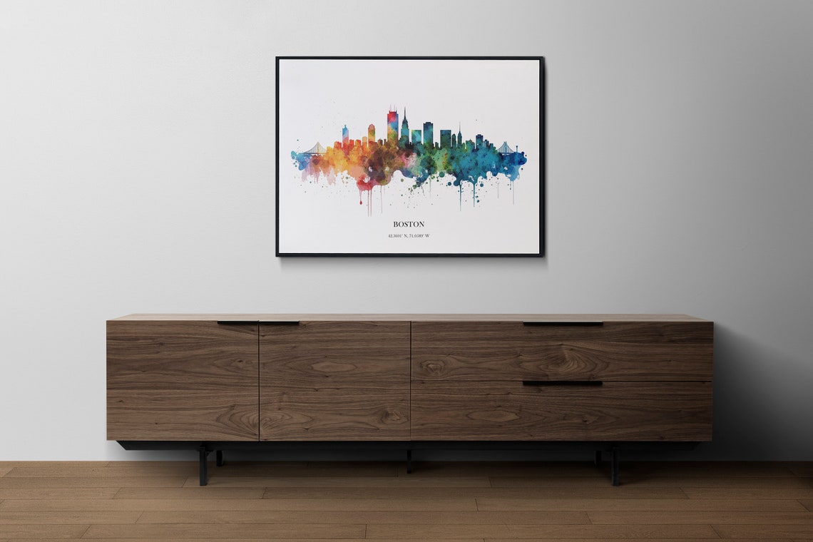 Boston Watercolor Skyline Poster with Colorful City Coordinates - Image 2