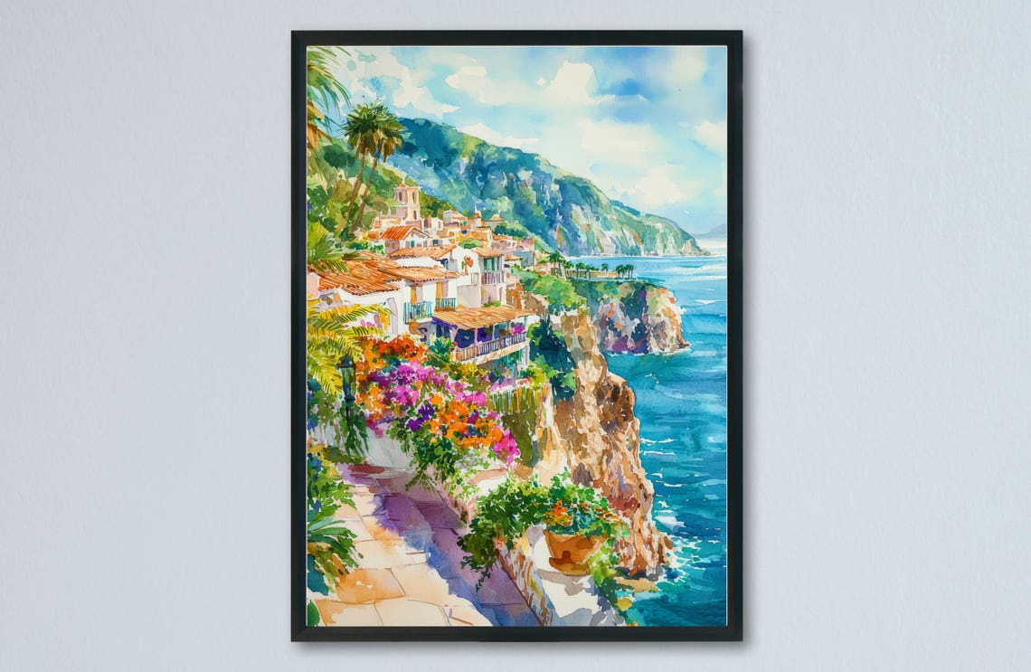 Cliffside Coastal Town Bougainvillea Watercolor Seaside Poster
