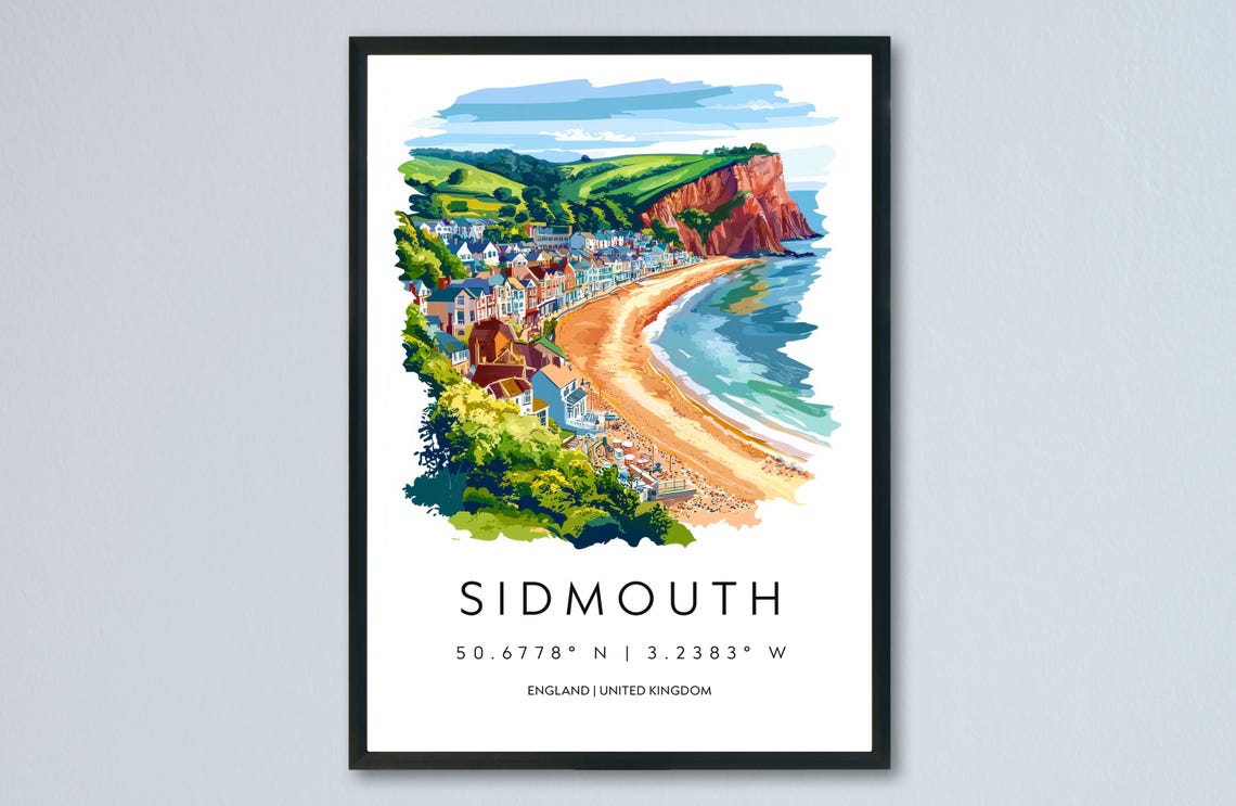 Sidmouth Devon Red Cliffs Regency Seafront Beach Watercolor Poster