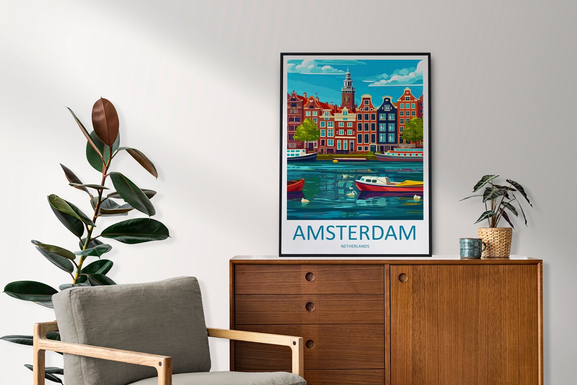 Amsterdam Netherlands Wide Canal Swans Tour Boats Travel Poster - Image 2
