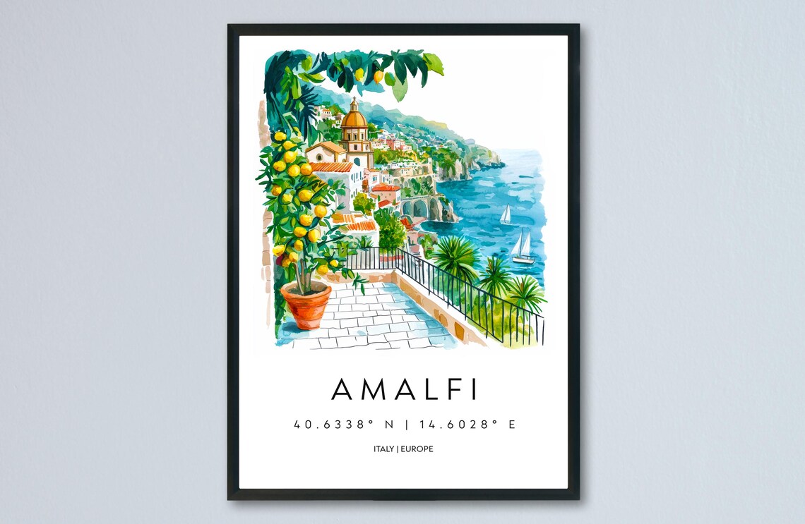 Amalfi Italy Lemon Terrace Coast View Watercolor Travel Poster