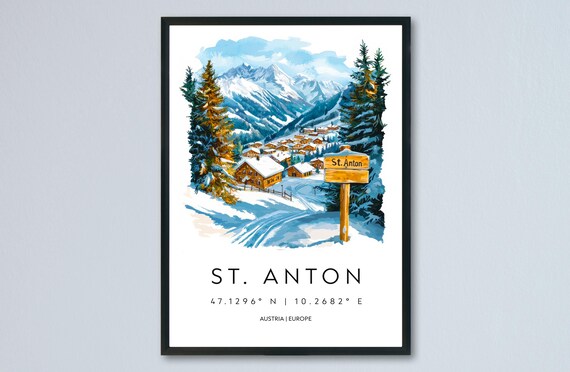St Anton Ski Village Signpost Snowy Alps Watercolor Austria Travel Poster