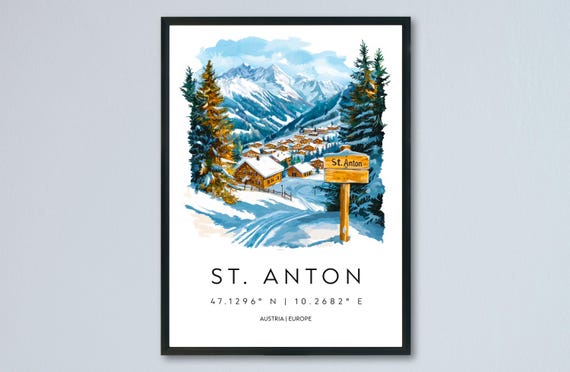 St Anton Watercolor Poster Travel Print Wall Art Painting Austrian Alps Ski Souvenir Decor