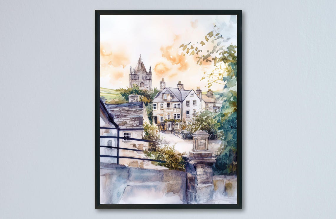 Helston Cornwall Stone Church Tower Village Street Watercolor Poster