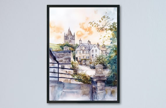 Helston Cornwall Stone Church Tower Village Street Watercolor Poster