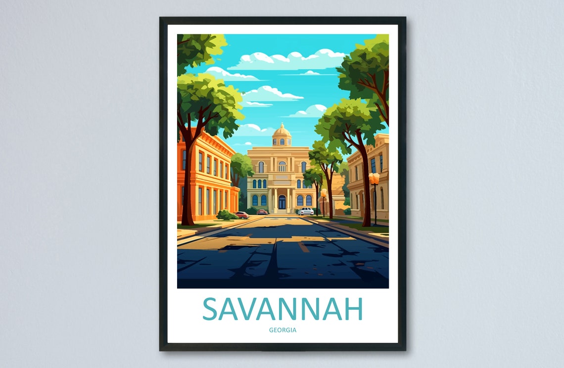 Savannah Georgia Historic Street Oak Trees Squares Travel Poster