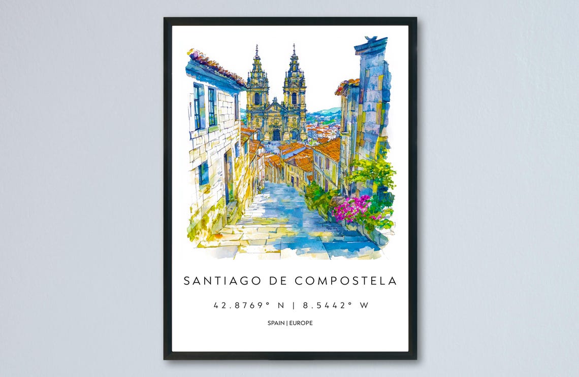 Santiago de Compostela Cathedral Street Watercolor Travel Poster
