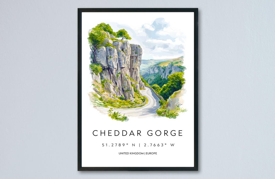 Cheddar Gorge England Limestone Cliffs Road Watercolor Scenery Poster