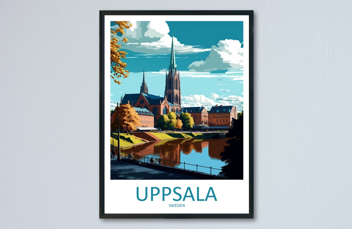 Uppsala Sweden Cathedral Riverside Autumn Colors Travel Poster