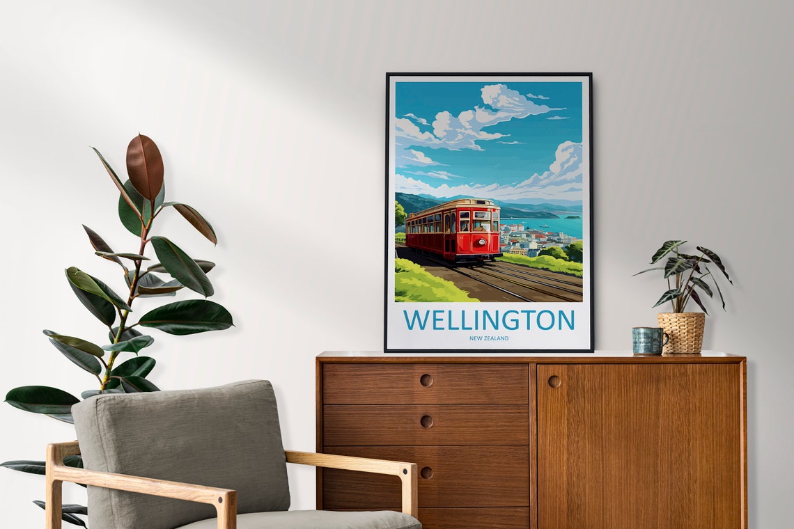 Wellington New Zealand Iconic Red Cable Car Harbor View Poster - Image 2