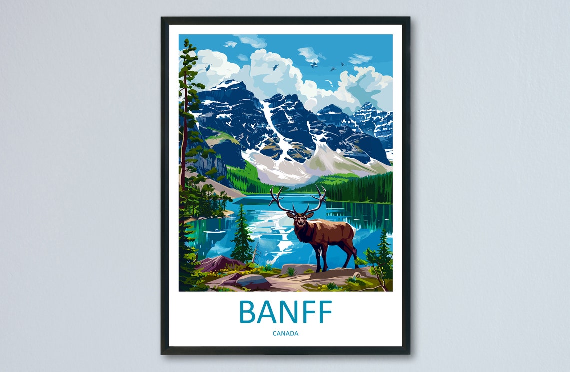 Banff Canada Snowy Mountain Lake Elk Wildlife Summer Scene Poster