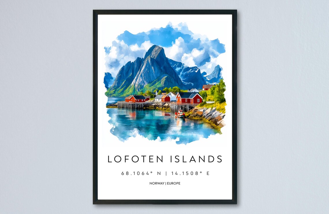 Lofoten Islands Red Cabins Watercolor Norway Arctic Fjord Poster