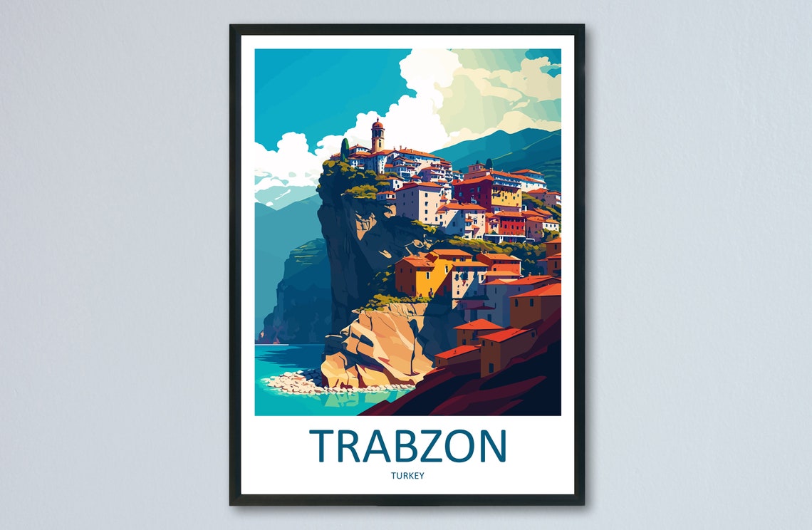Trabzon Turkey Cliffside Village Retro Illustration Travel Poster
