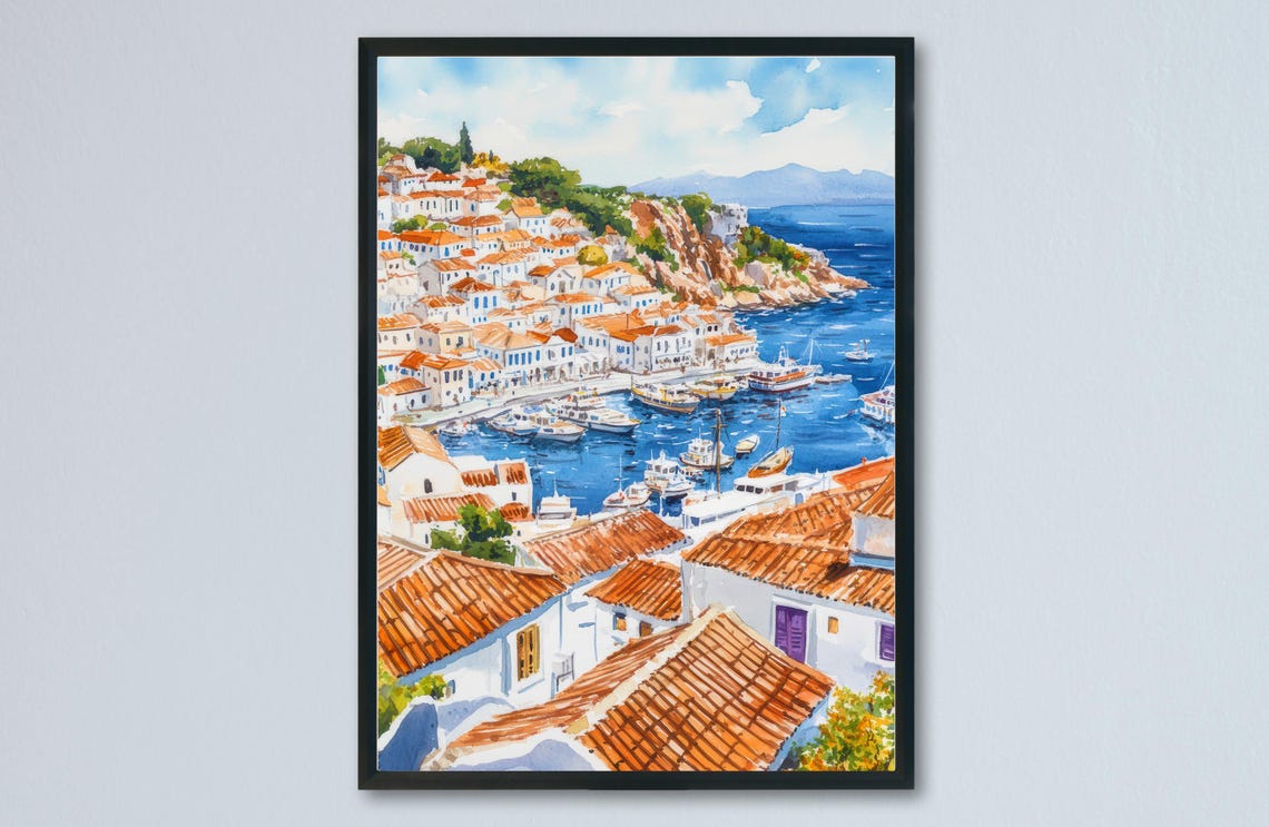 Hydra Greece Amphitheater Harbor White Houses Boats Watercolor Poster
