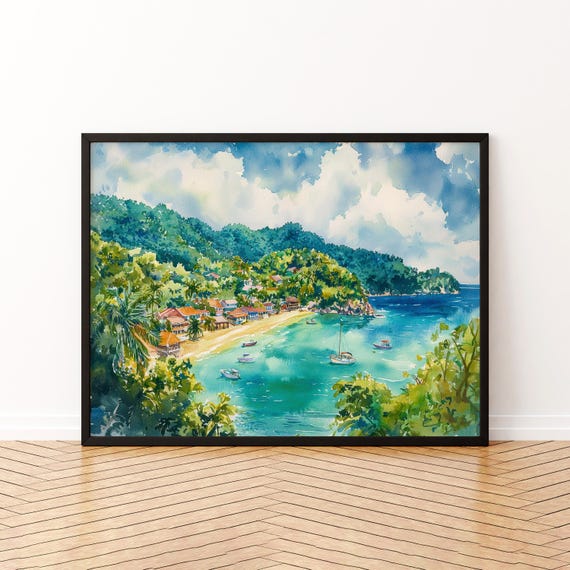 Trinidad And Tobago Watercolor Poster Caribbean Travel Print Island Landscape Painting Coastal Wall Art Tropical Souvenir