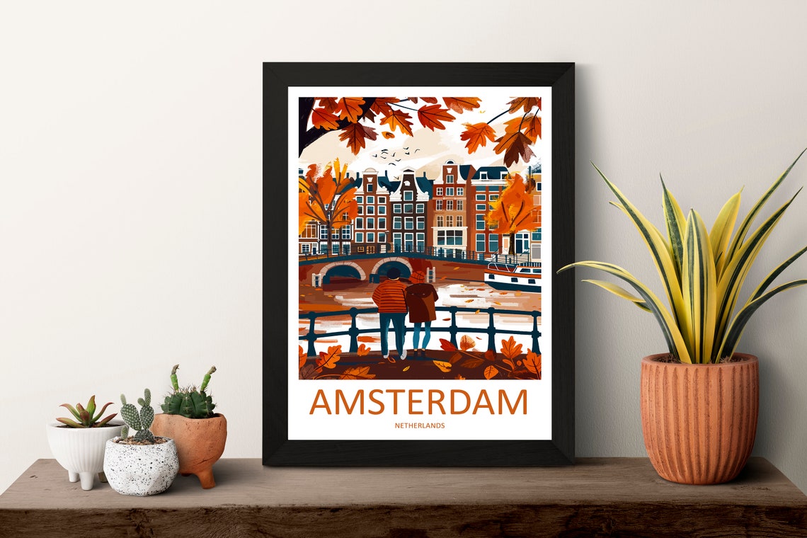 Amsterdam Netherlands Canal Couple Autumn Minimalist Travel Poster - Image 3