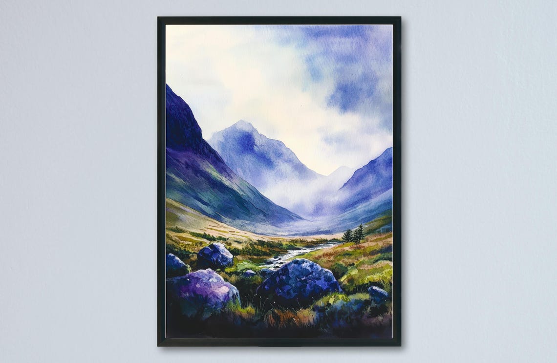 Misty Scottish Highlands Glen Stream Watercolor Mountain Valley Poster