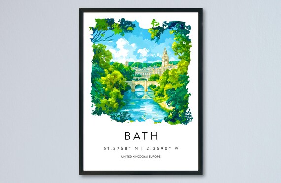 Bath England Watercolor Pulteney Bridge River Scene Travel Poster