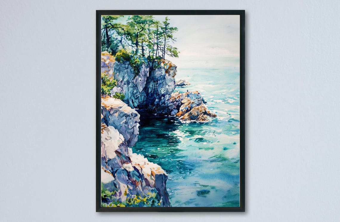 Monterey Bay Rocky Cliffs Pine Trees Ocean Watercolor Poster
