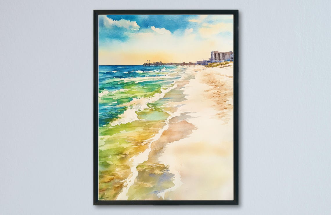 White Sandy Beach Shoreline Waves Pier Watercolor Seascape Poster