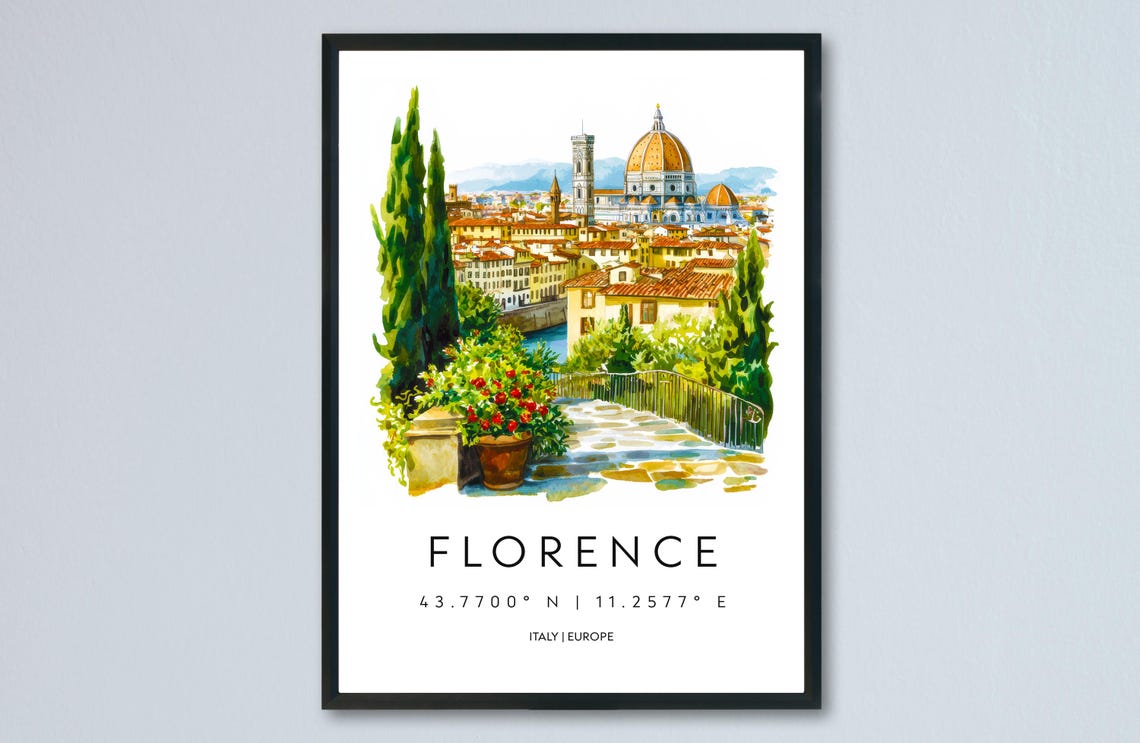 Florence Italy Duomo Cathedral Cypress Terrace View Watercolor Poster