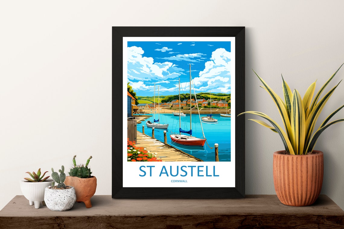 St Austell Cornwall Harbor Sailboats Wooden Pier Day Travel Poster - Image 3