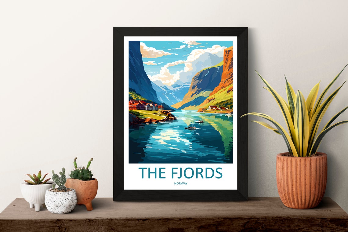 The Fjords Norway Dramatic Cliffs Village Boats Vintage Travel Poster - Image 3