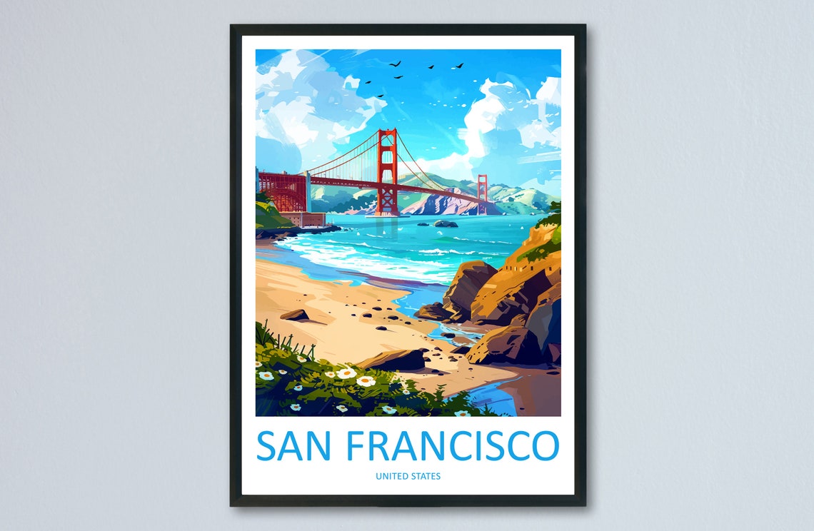 San Francisco Golden Gate Bridge Flower Fringed Cove Travel Poster