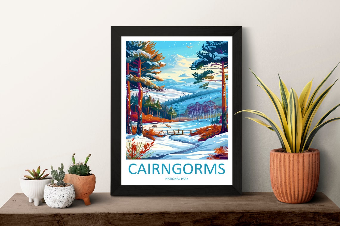 Cairngorms National Park Snowy Winter Forest Deer Scene Poster - Image 3
