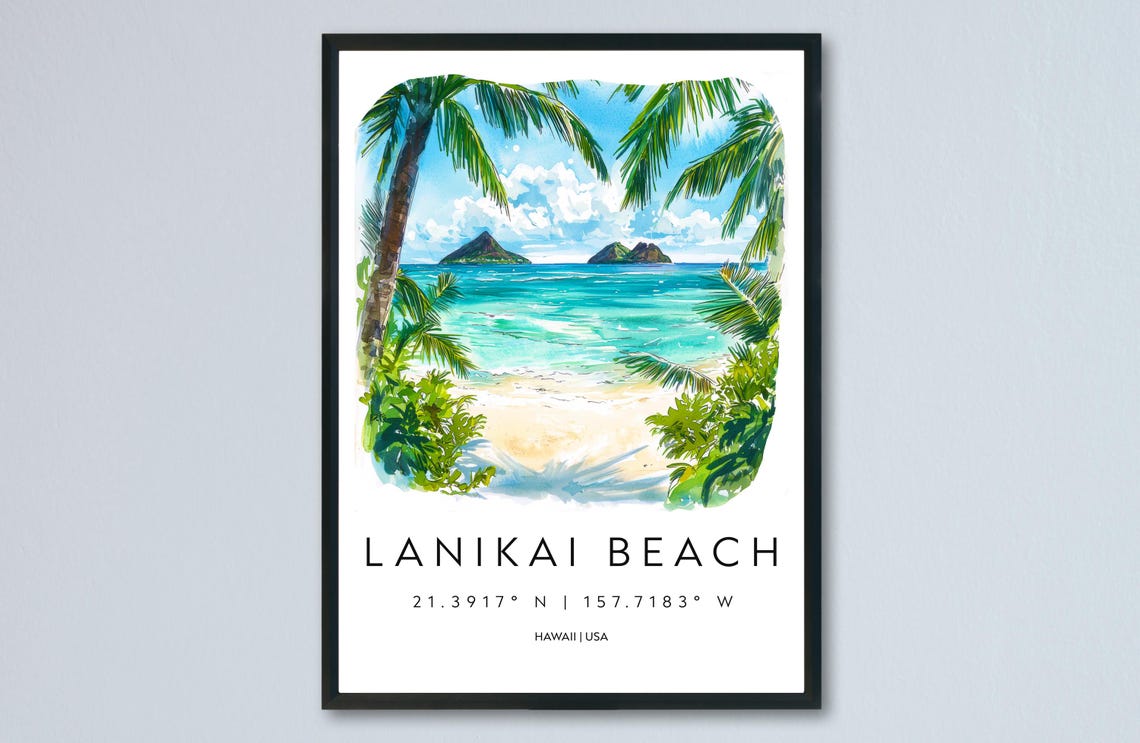 Lanikai Beach Hawaii Turquoise Water Watercolor Travel Poster