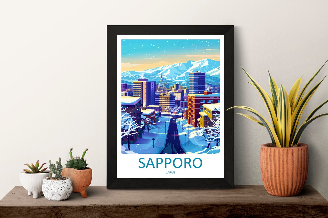 Sapporo Japan Snowy City Street with Mountains on the Horizon Poster - Image 3