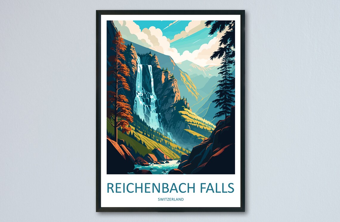 Reichenbach Falls Travel Poster, Switzerland Landscape