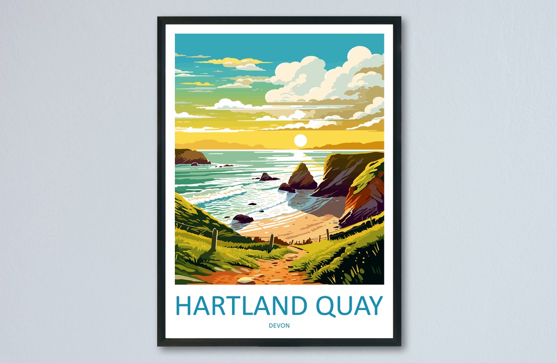 Hartland Quay Devon England Sunset Cliffs Ocean Cove Travel Poster