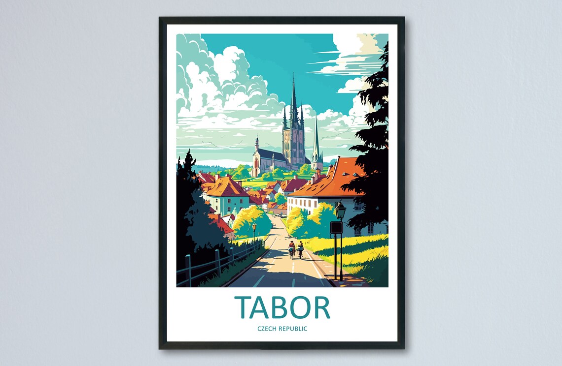 Tabor Czech Republic Old Town Church Spire Sunny Street Travel Poster